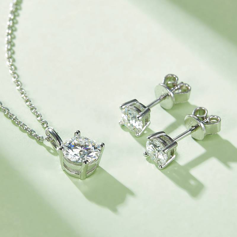 Classic圆形S925银镀白金MoissanitePendantStud Earring套装